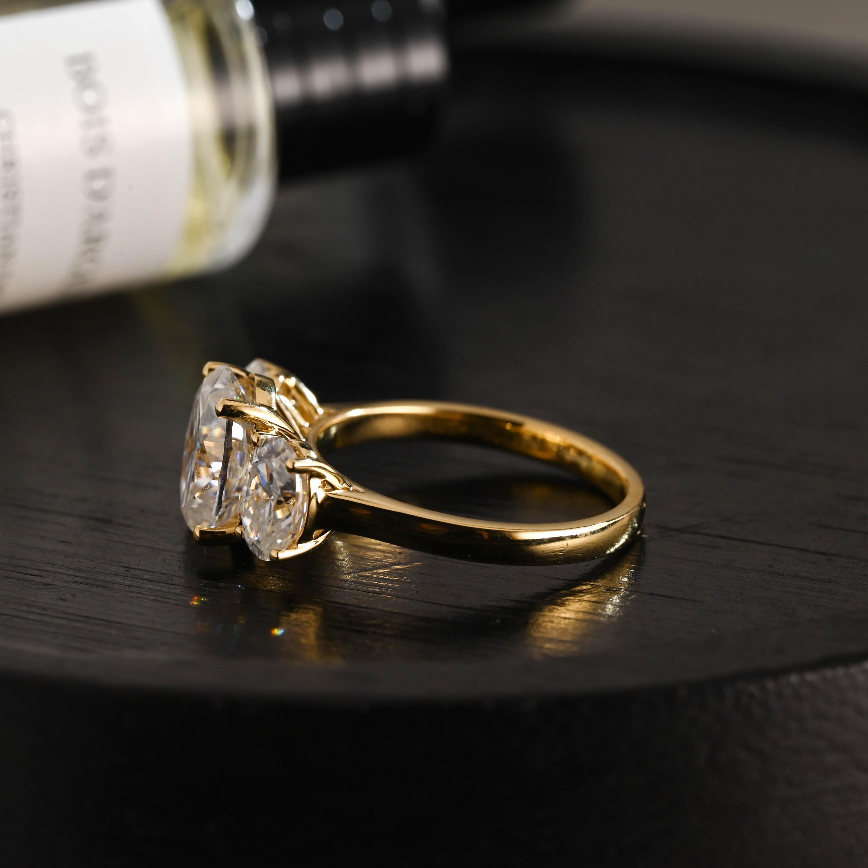 Solid Gold Three Stone Oval Moissanite Engagement Ring, Anniversary Gift Birthday Gift for Women