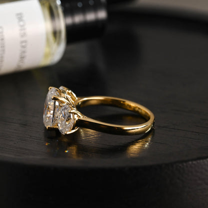 Solid Gold Three Stone Oval Moissanite Engagement Ring, Anniversary Gift Birthday Gift for Women