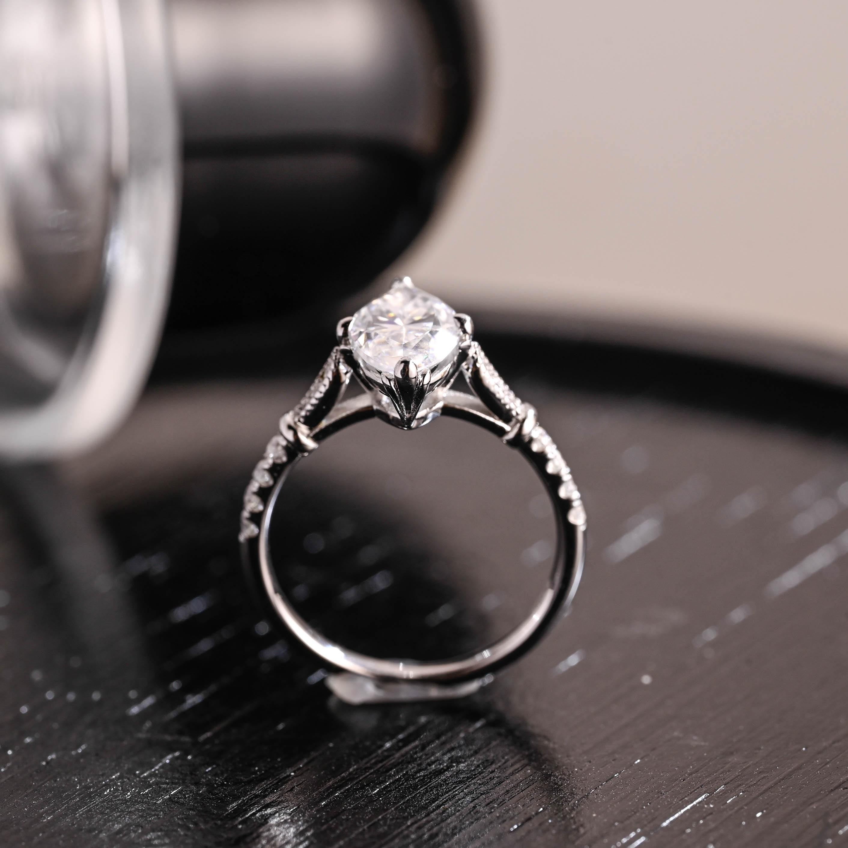 Filigree Marquise Cut Moissanite Engagement Ring, Solid Gold Milgrain Wedding Ring