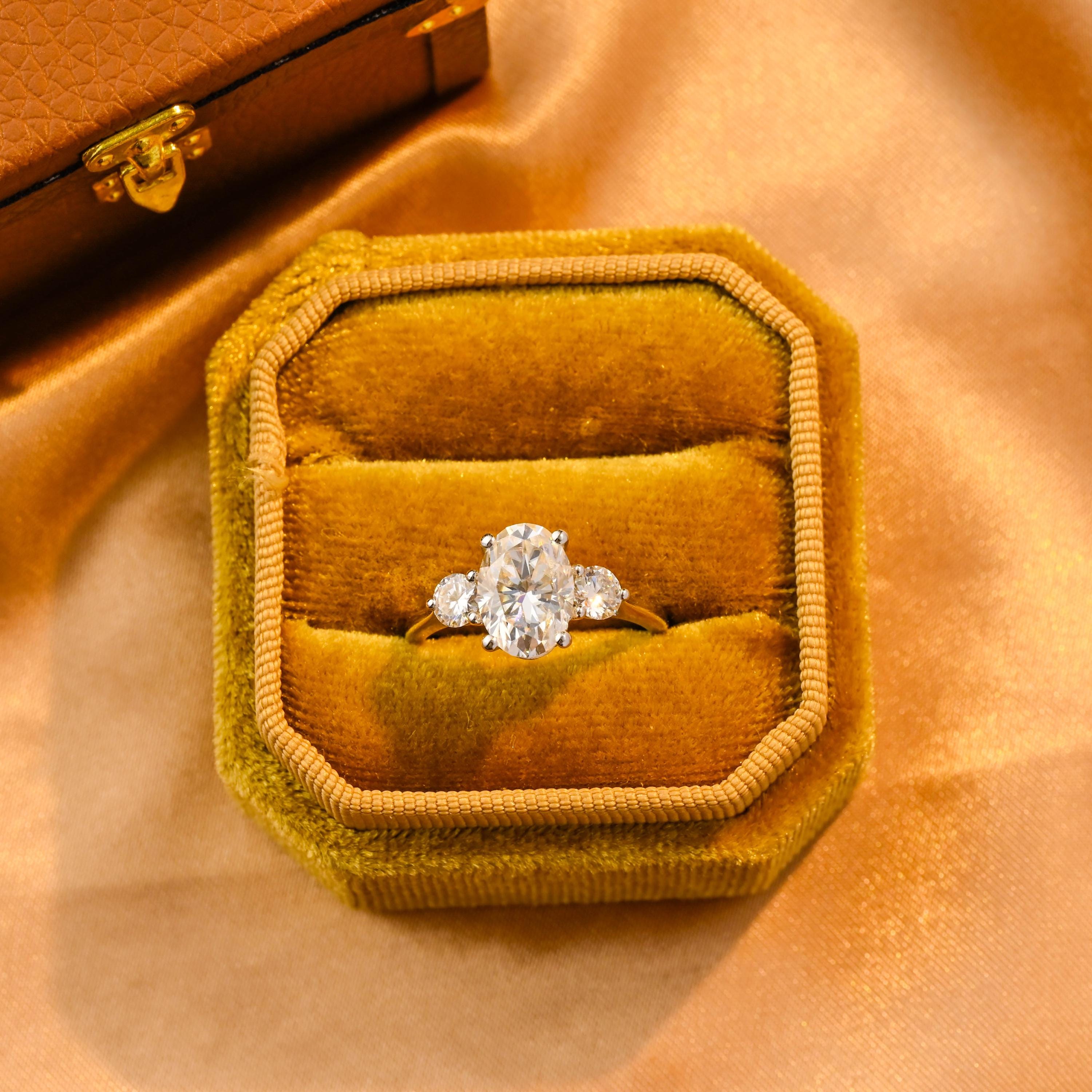 Solid Gold Cathedral Setting Oval Cut Moissanite Engagement Ring, Three Stone Wedding Ring