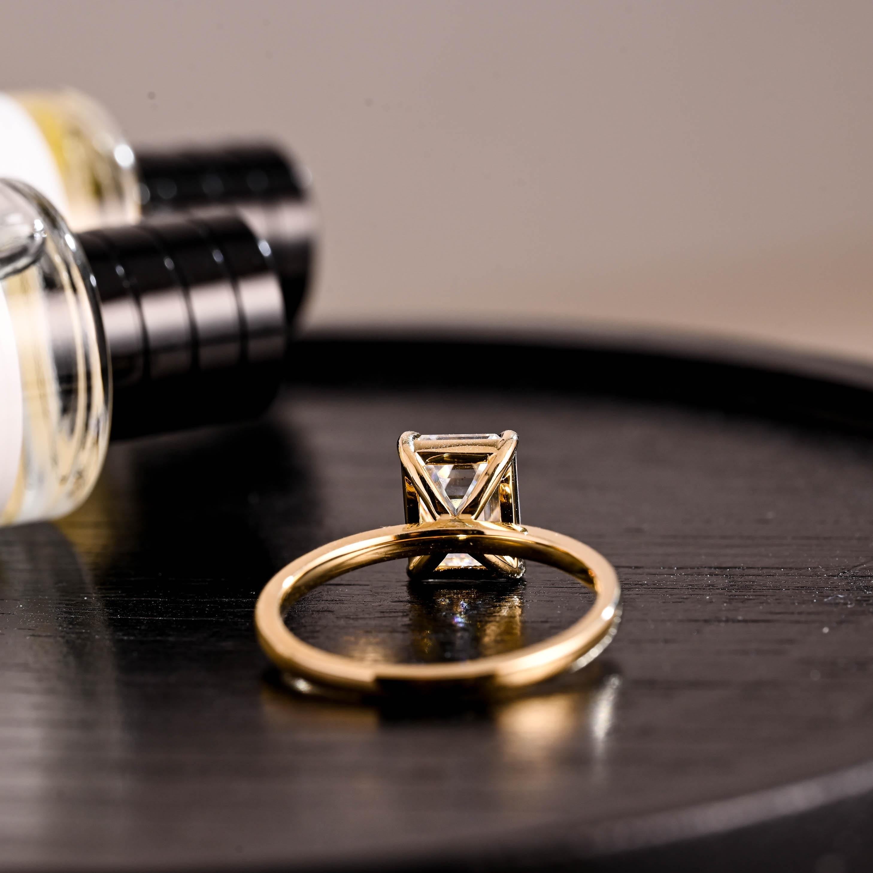 Solid Gold Solitaire Emerald Cut Moissanite Engagement Ring, Moissanite Promise Ring