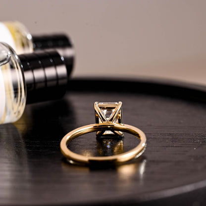 Solid Gold Solitaire Emerald Cut Moissanite Engagement Ring, Moissanite Promise Ring