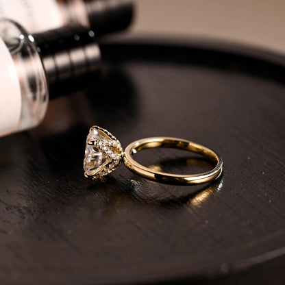 Crushed Ice Moissanite Engagement Ring, Tulip Setting, Solid Gold Hidden Halo