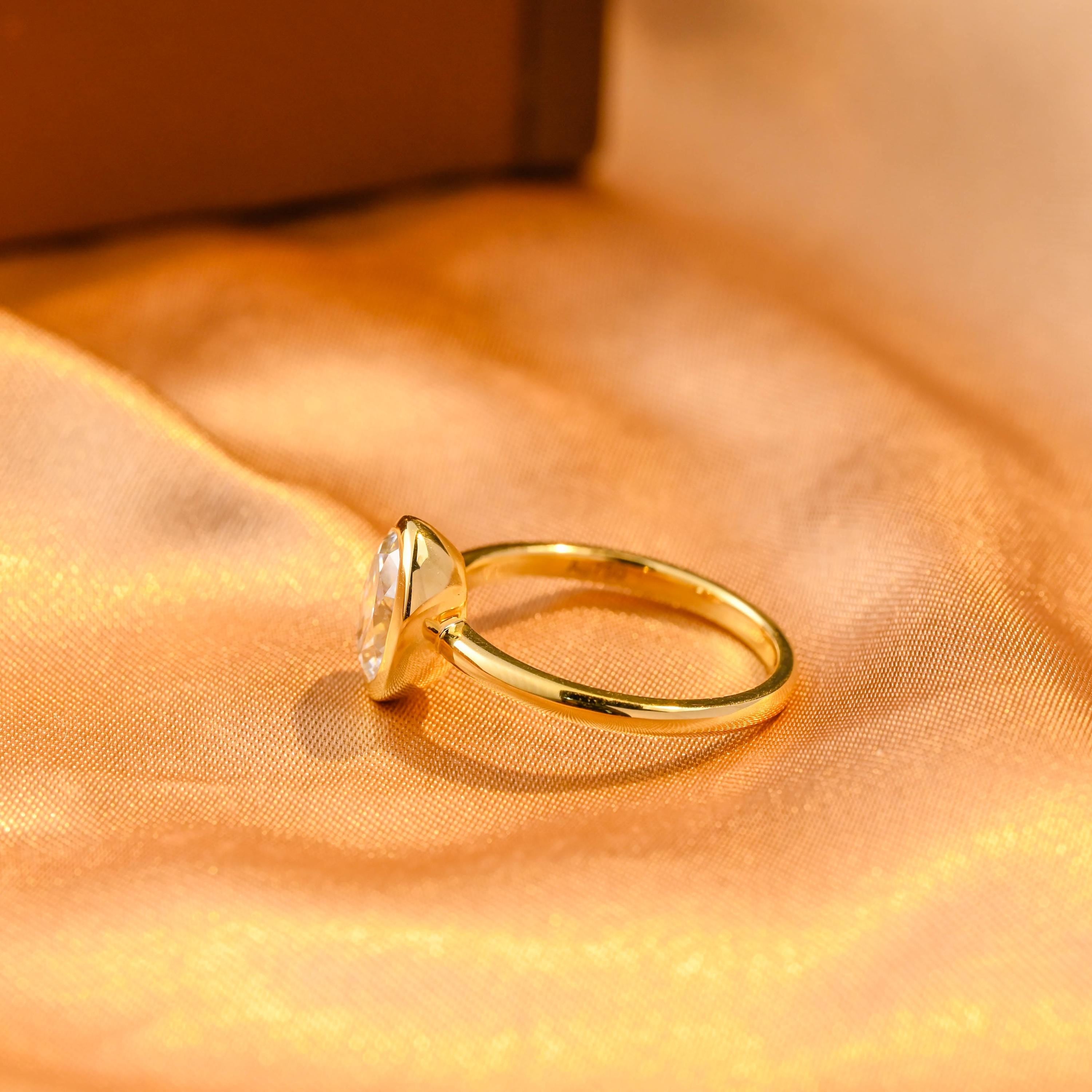 Solid Gold Solitaire Bezel Oval Cut Moissanite Engagement Ring, Anniversary Ring for Women