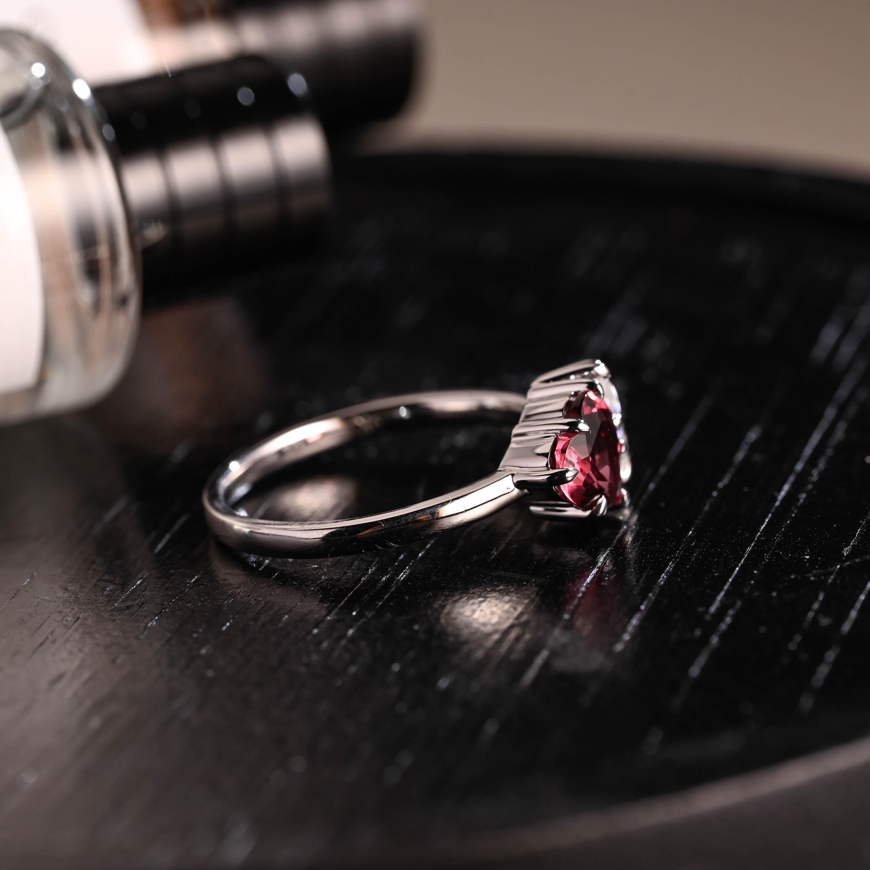 Toi et Moi Garnet Ring Pear Moissanite Engagement Ring, Solid Gold Heart Shaped Garnet Ring