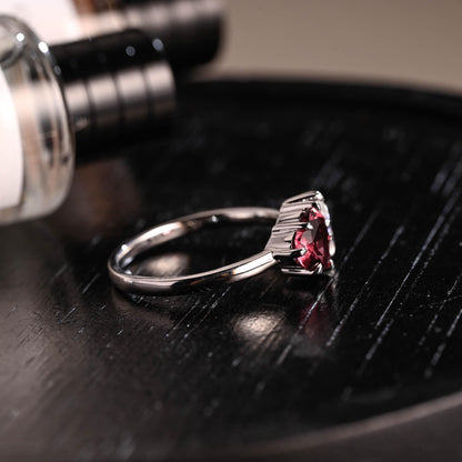 Toi et Moi Garnet Ring Pear Moissanite Engagement Ring, Solid Gold Heart Shaped Garnet Ring