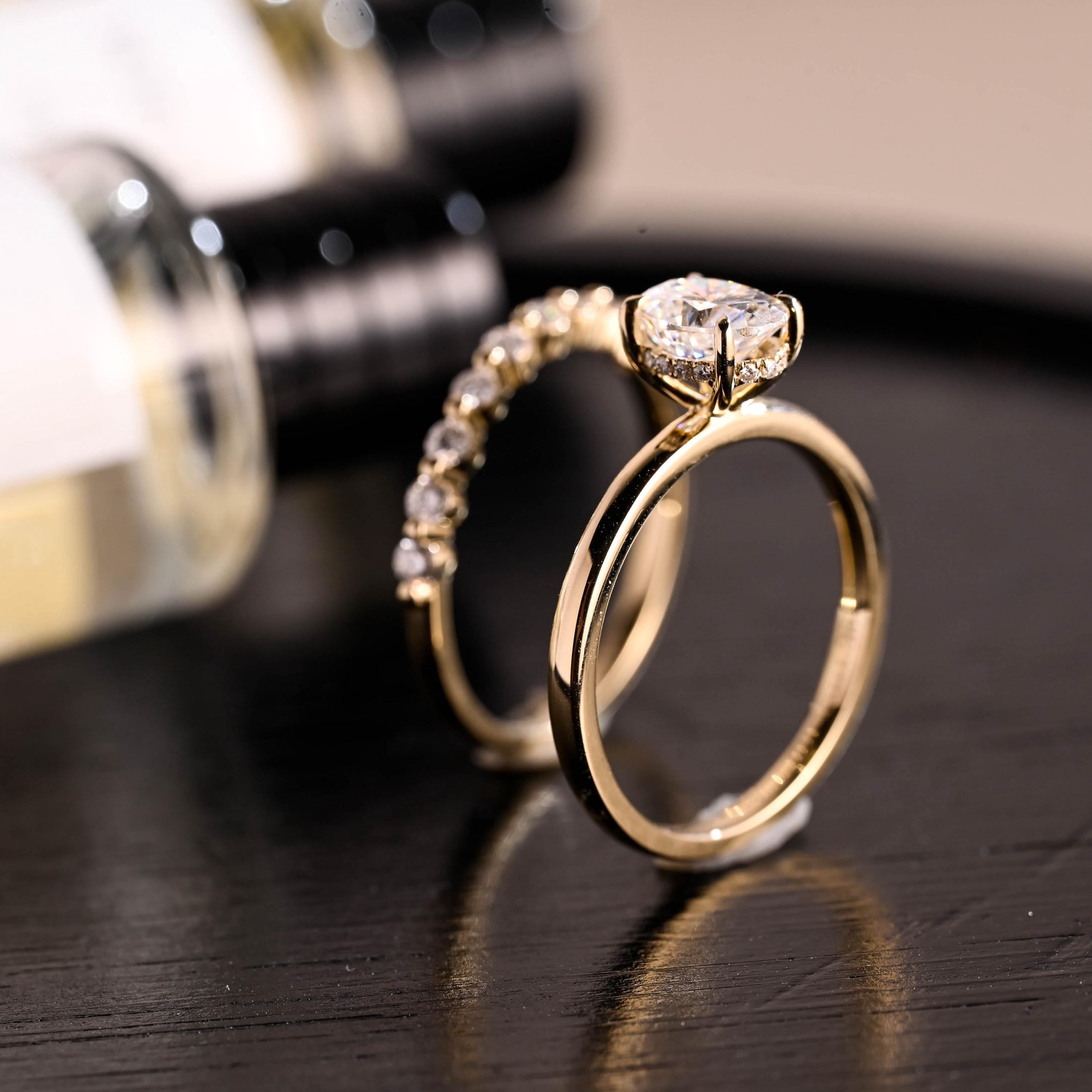 Solid Gold Hidden Halo Oval Cut Moissanite Engagement Ring Set, Half Eternity Ring Bridal Set