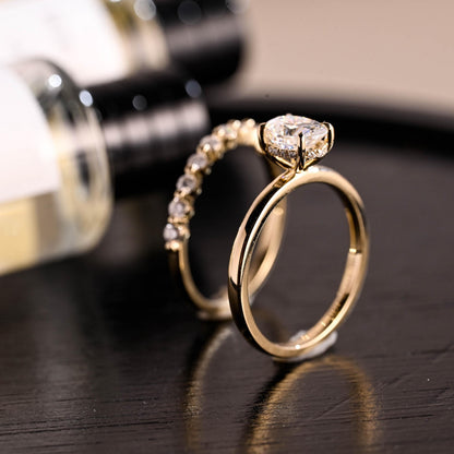 Solid Gold Hidden Halo Oval Cut Moissanite Engagement Ring Set, Half Eternity Ring Bridal Set
