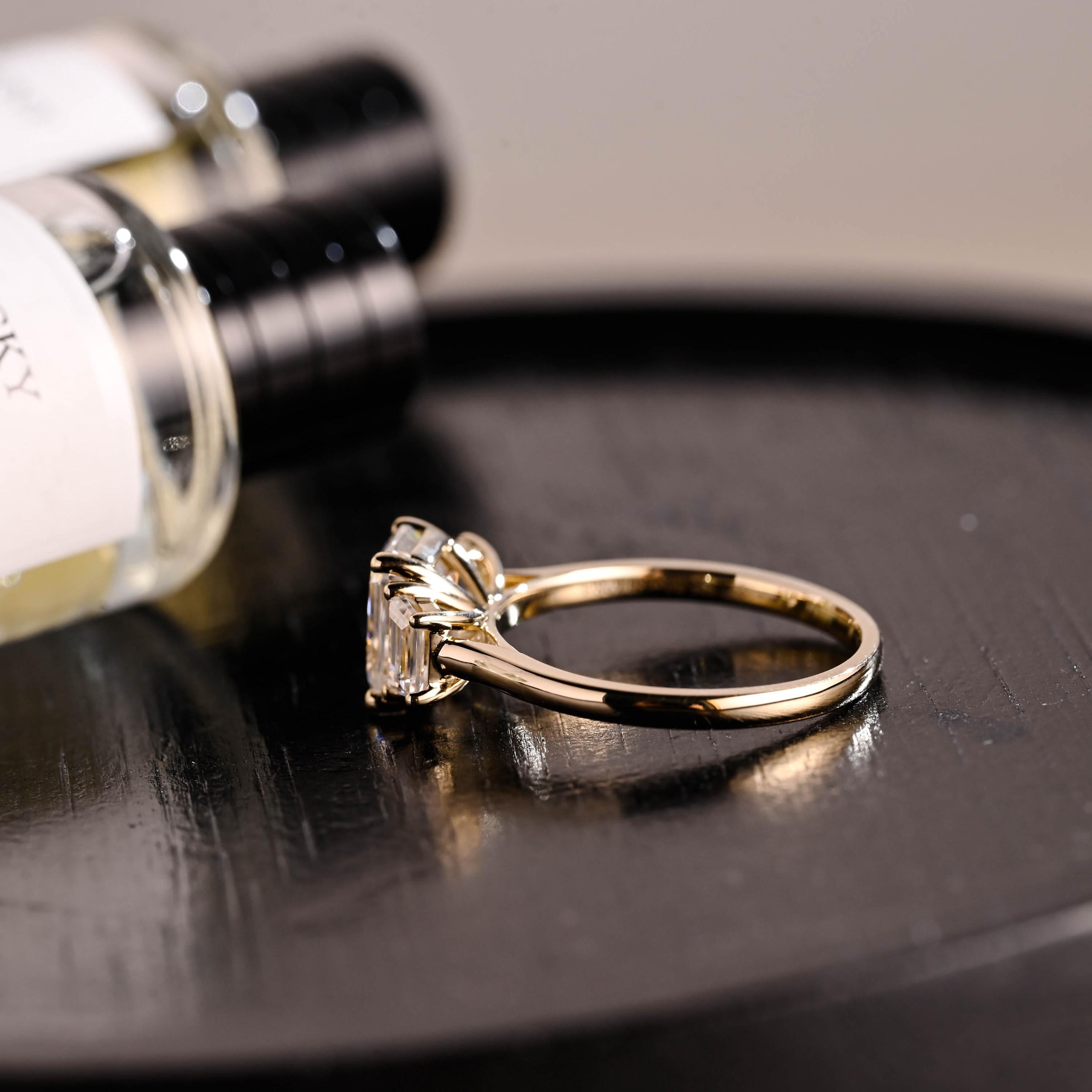 Solid Gold Three Stone Emerald Cut Moissanite Engagement Ring, Anniversary Ring, Moissanite Rings