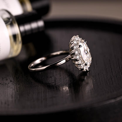Solid Gold Starburst Oval Cut Moissanite Engagement Ring, Halo Wedding Ring