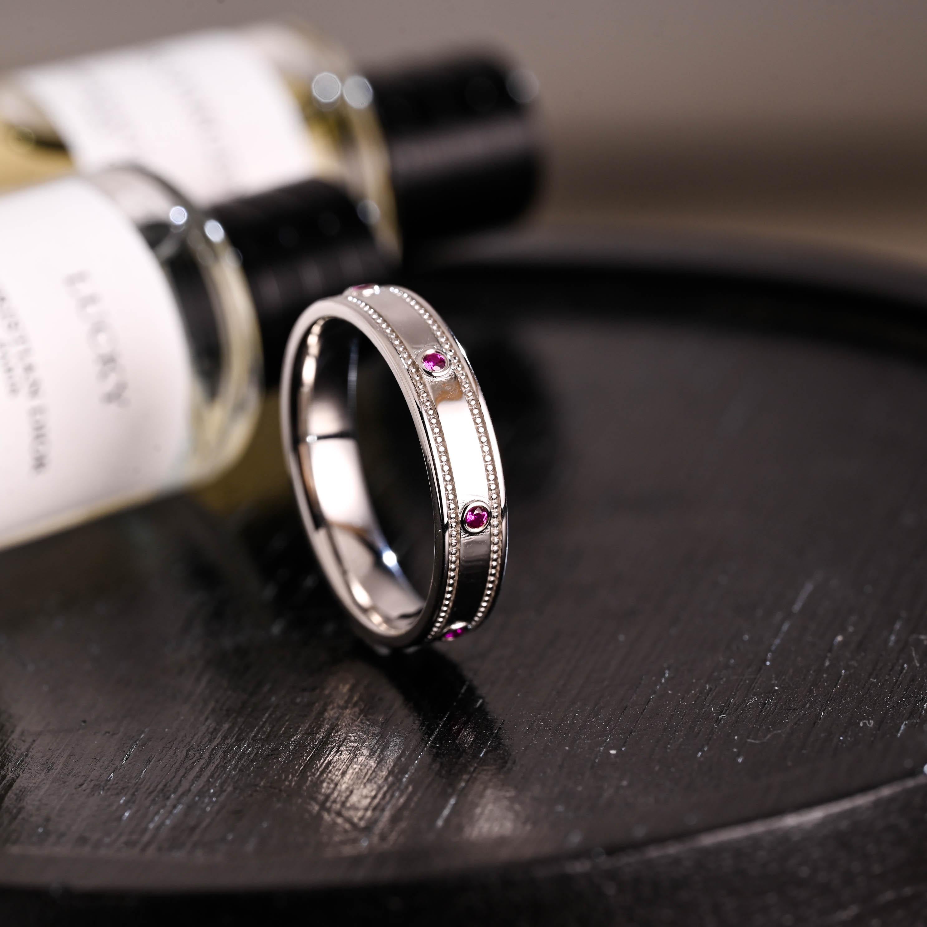 Solid Gold Pink Moissanite Wedding Band, 4mm Width Anniversary Ring