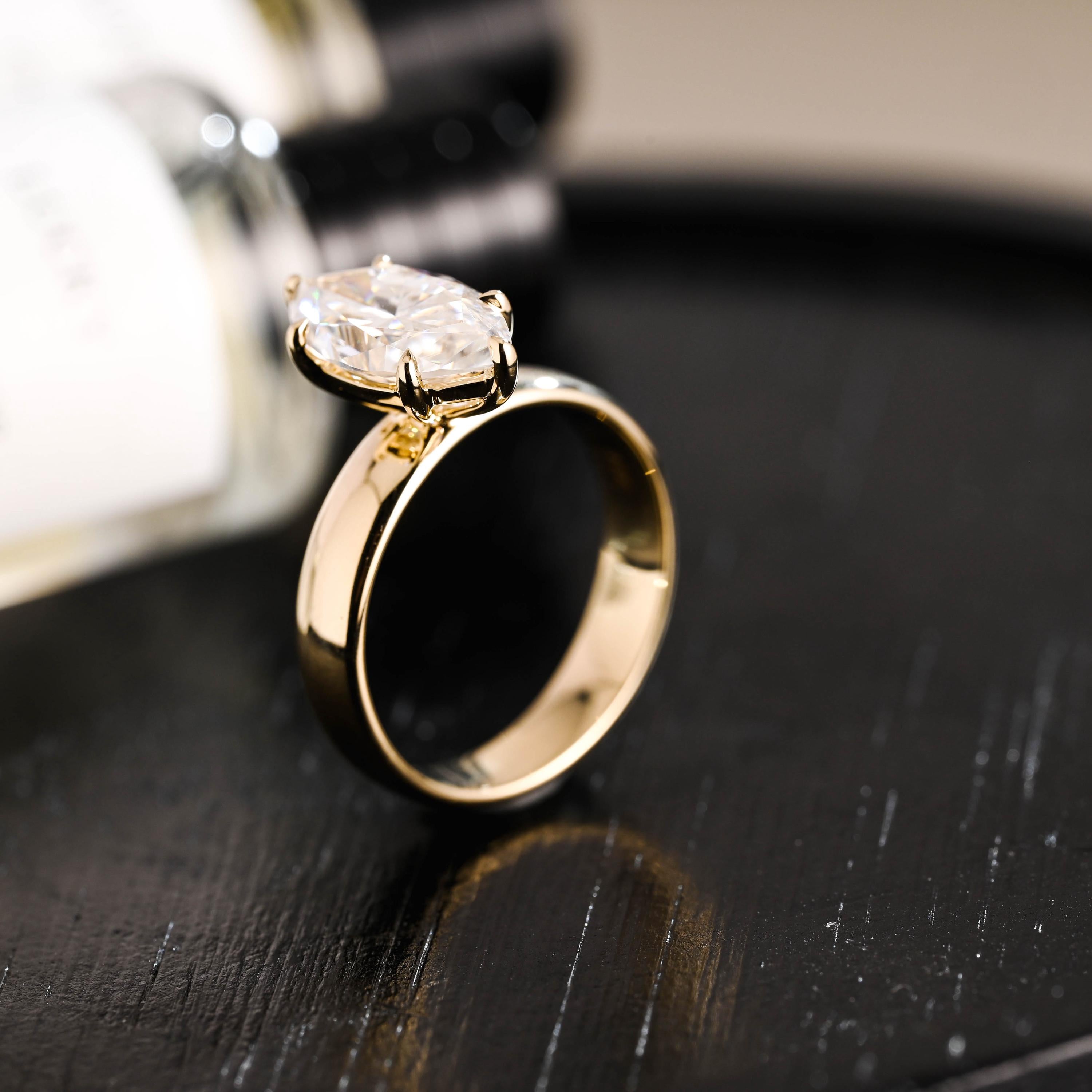 Solid Gold Marquise Moissanite Engagement Ring, 4mm Width Anniversary Ring