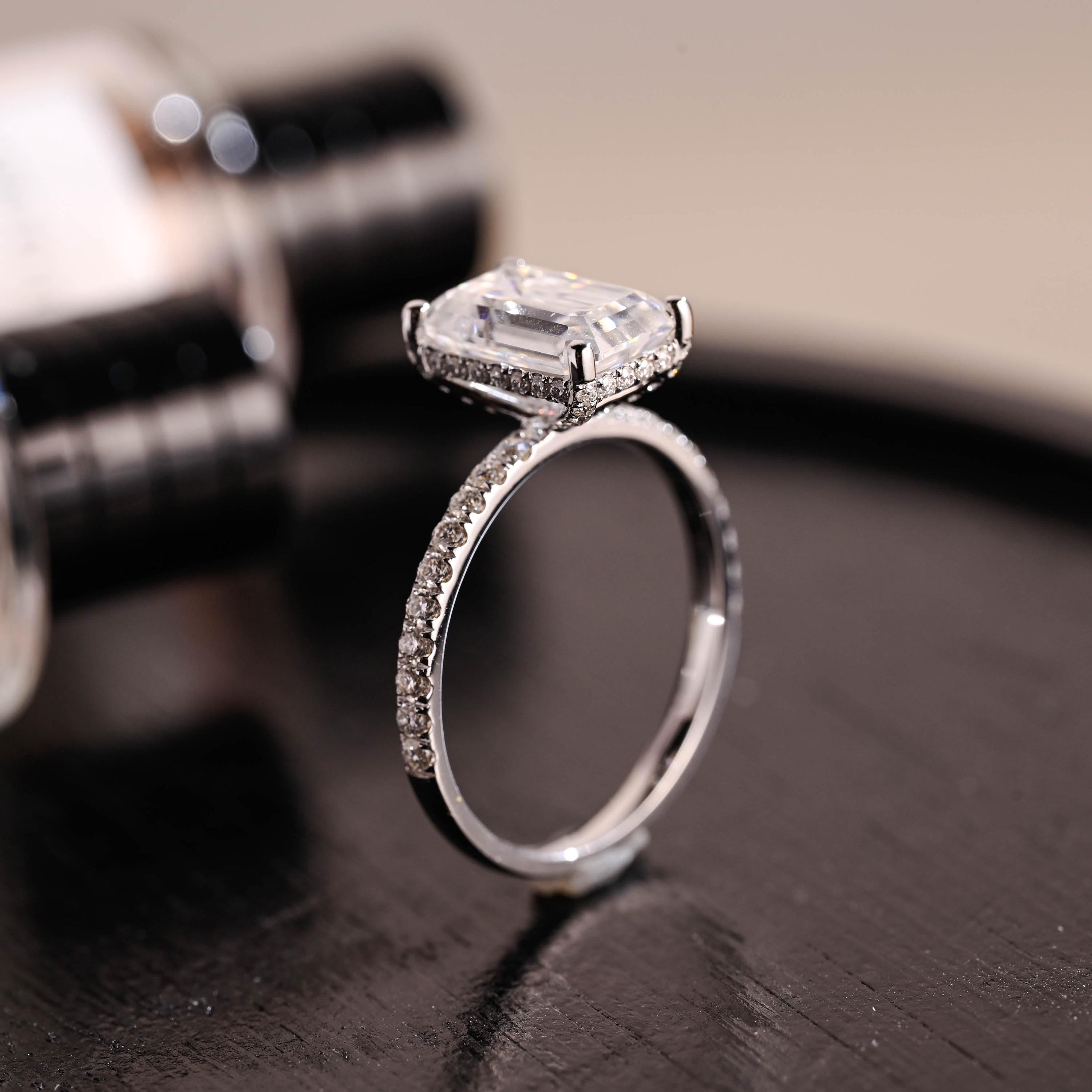 Prong Pave Emerald Cut Moissanite Engagement Ring, Solid Gold Hidden Halo Pave Emerald Cut Moissanite Wedding Ring, Anniversary Ring Gift