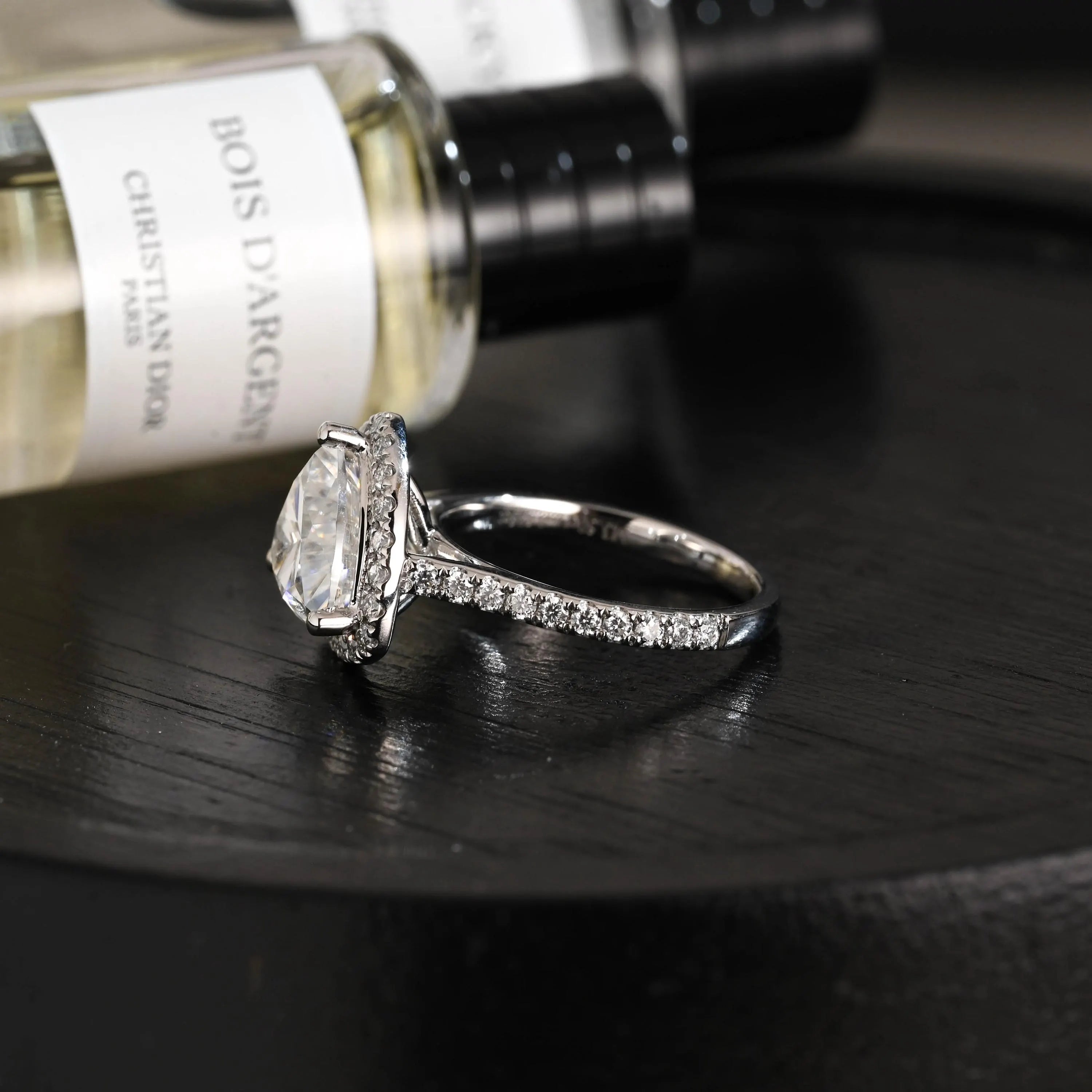 Trilliant Cut Moissanite Engagement Ring, Halo Pave Cathedral Trilliant Cut Wedding Ring