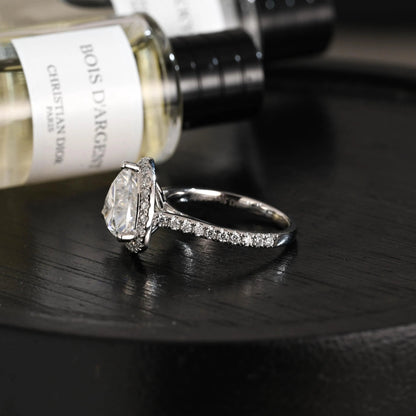 Trilliant Cut Moissanite Engagement Ring, Halo Pave Cathedral Trilliant Cut Wedding Ring