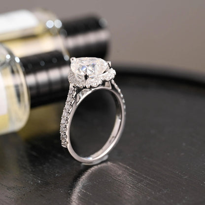 Solid Gold Heart Cut Moissanite Engagement Ring, Half Pave Band Ring Proposal Ring, Promise Ring, Wedding Ring
