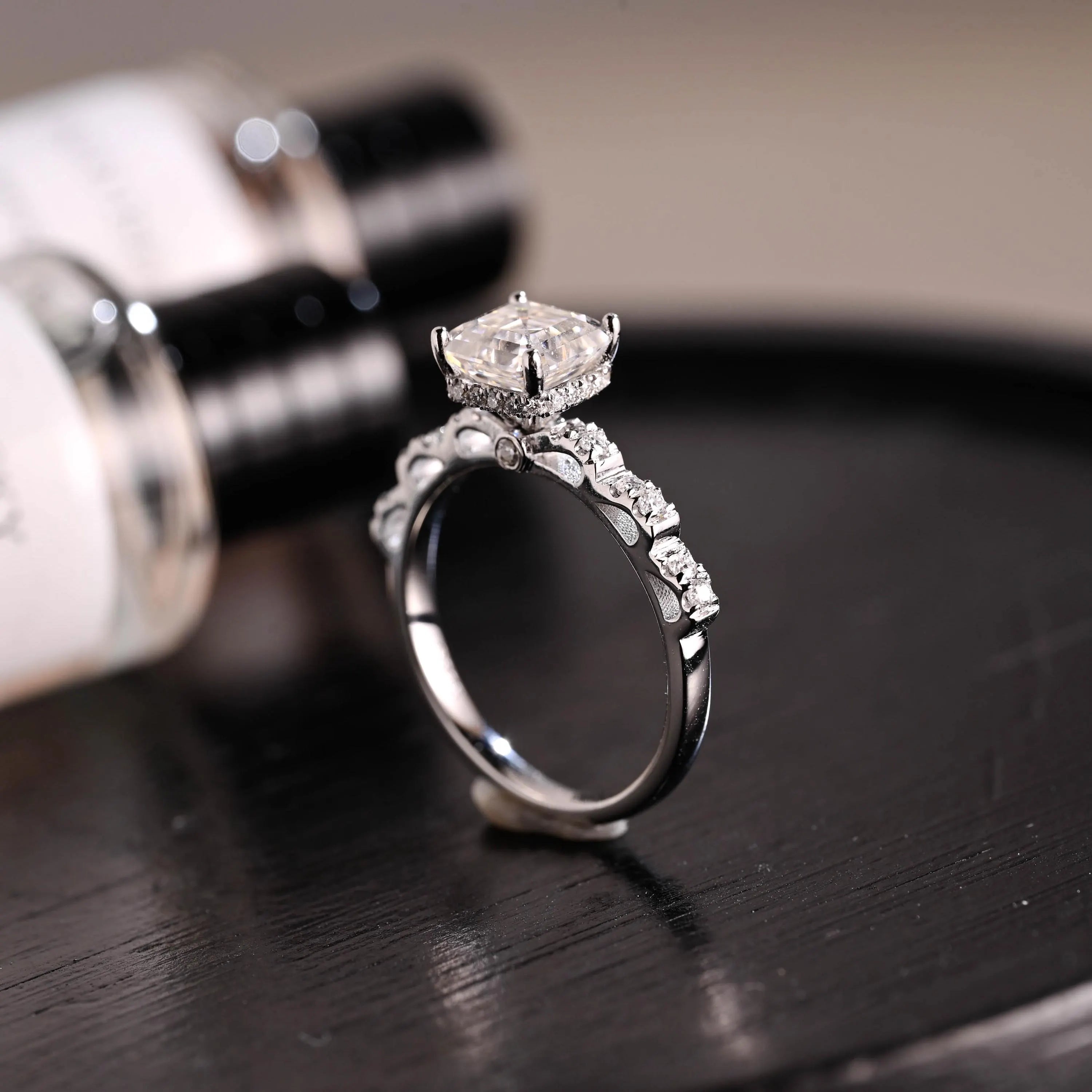 Solid Gold Hidden Halo Asscher Cut Moissanite Engagement Ring, Anniversary Gift for Women Wife