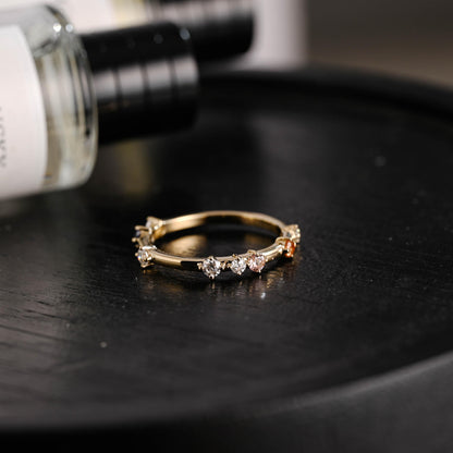 Solid Gold Moissanite Wedding Band, Pink Blue Orange Ring