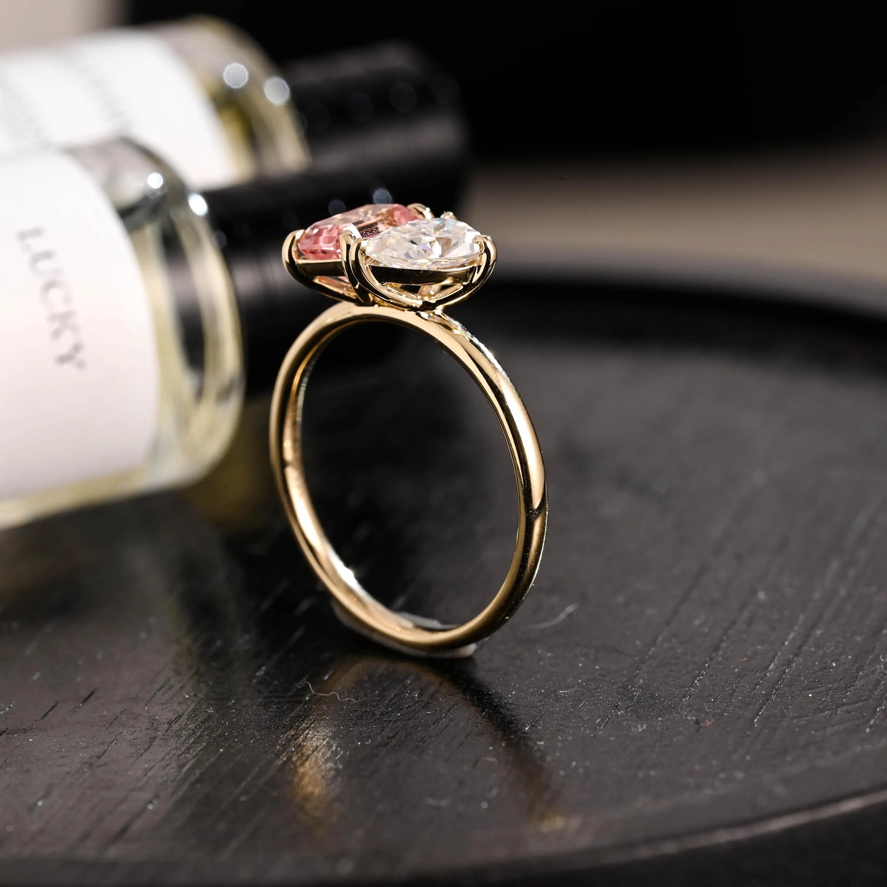 Solid Gold Toi et Moi Emerald Cut Pink Sapphire & Pear Cut Moissanite Engagement Ring