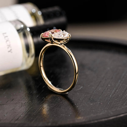 Solid Gold Toi et Moi Emerald Cut Pink Sapphire & Pear Cut Moissanite Engagement Ring