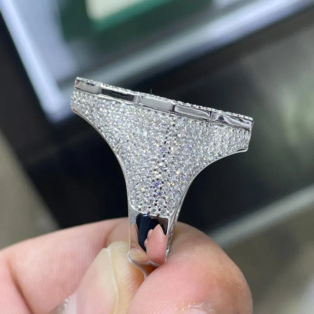 Iced Out Cross Ring: 6.67CTW Lab Grown Baguette Moissanite, Sterling Silver