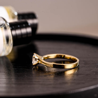 Low Setting Solid Gold Round Cut Moissanite Engagement Ring, Round Cut Moissanite Anniversary Ring