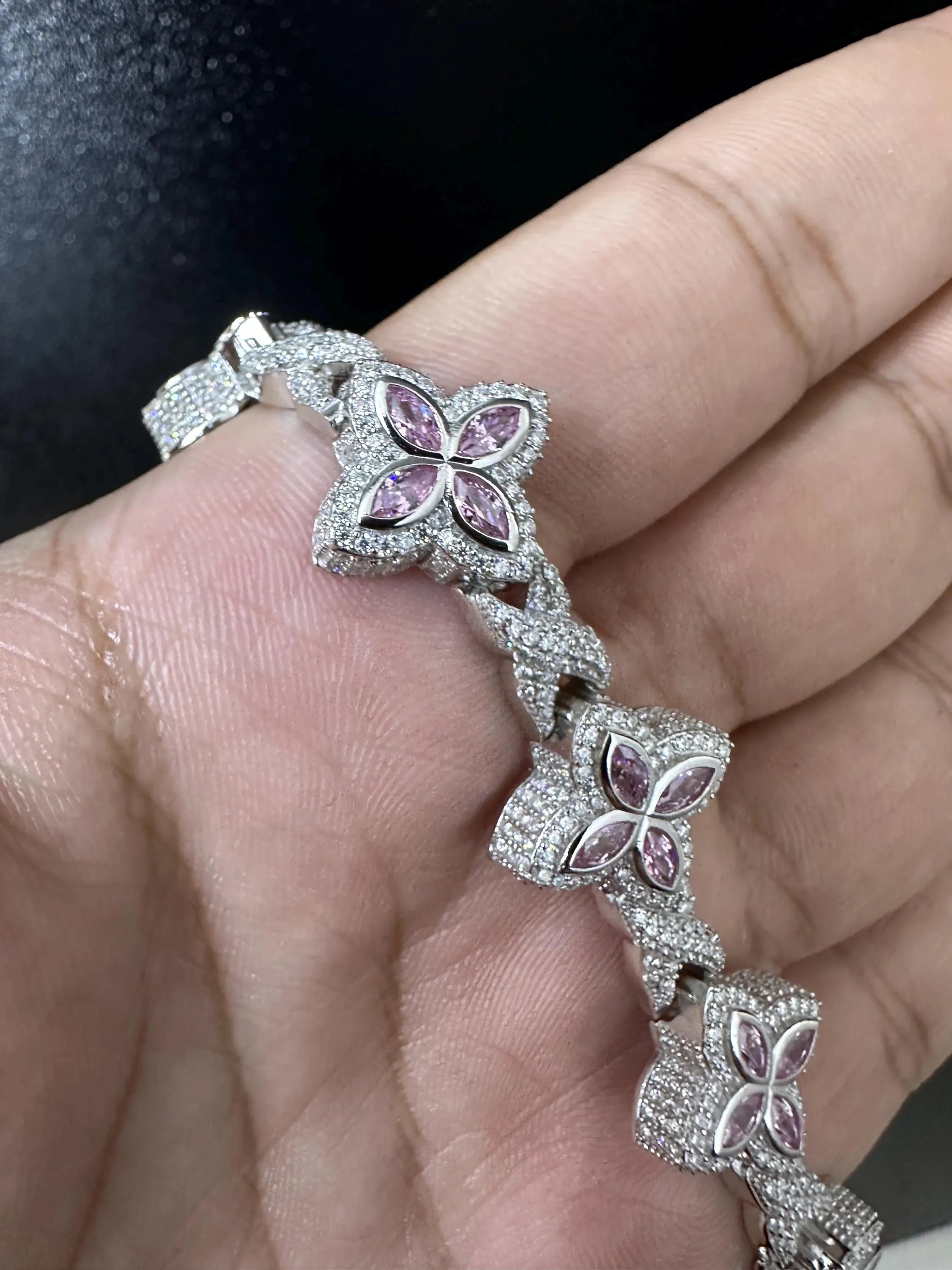 Iced Out Clover Bracelet: 925 Sterling Silver, Pink Sapphire Moissanite