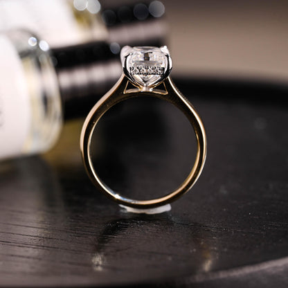 Solid Gold Cathedral Setting Radiant Cut Moissanite Engagement Ring, Hidden Halo Two Tone Ring
