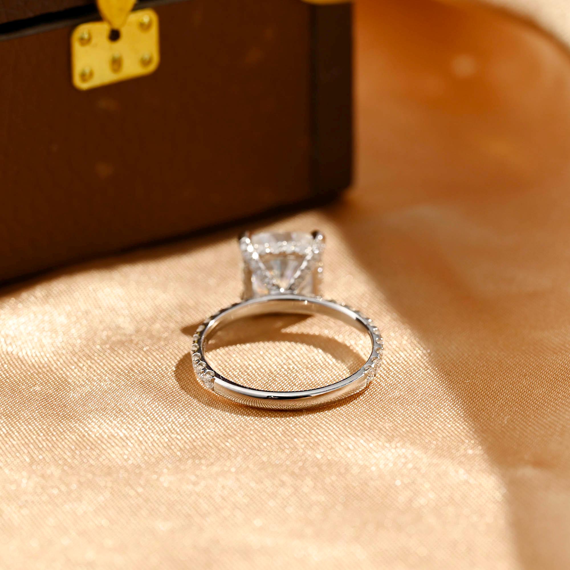 Prong Pave Cushion Cut Moissanite Engagement Ring, Hidden Halo Cushion Cut Wedding Ring, Half Pave Anniversary Ring for Her, Moissanite Gift