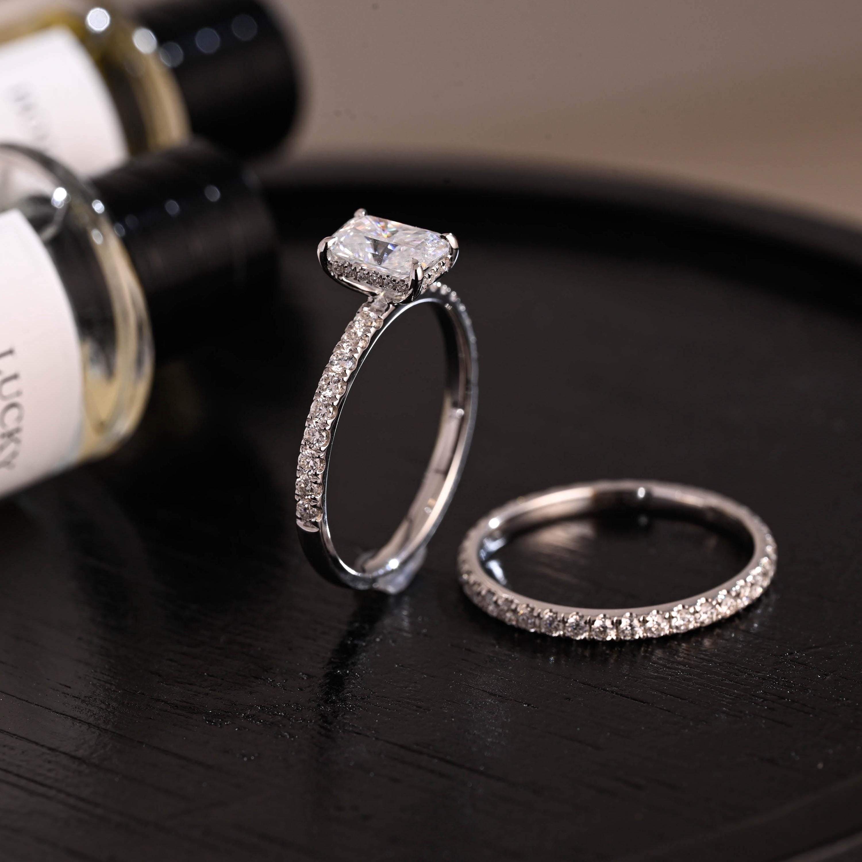 Solid Gold Hidden Halo Radiant Cut Moissanite Engagement Ring Set, Full Eternity Band, Bridal Set