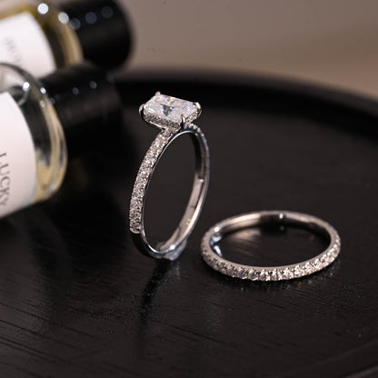 Solid Gold Hidden Halo Radiant Cut Moissanite Engagement Ring Set, Full Eternity Band, Bridal Set