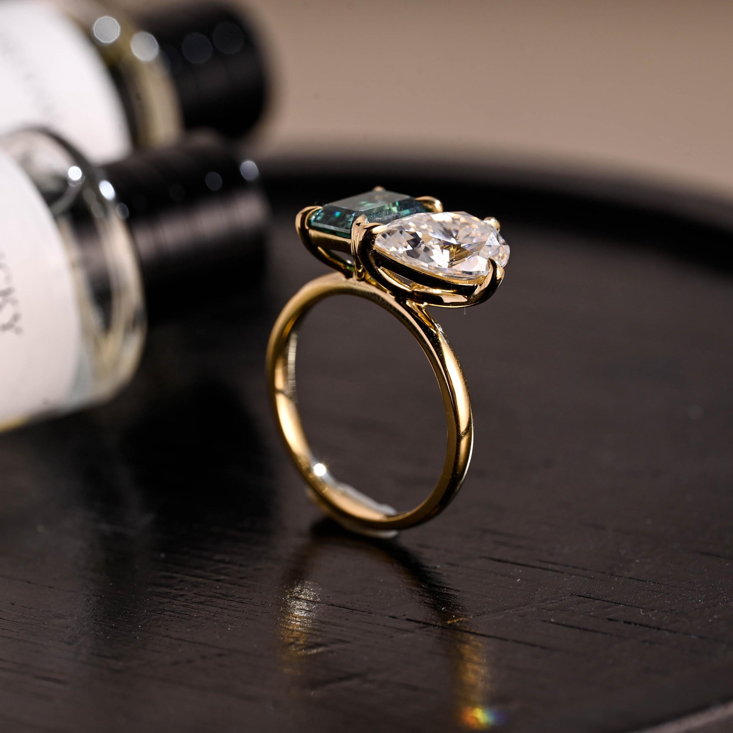 Solid Gold Toi et Moi Ring, Pear Cut & Emerald Cut Green Moissanite Engagement Ring, Two Stone Ring