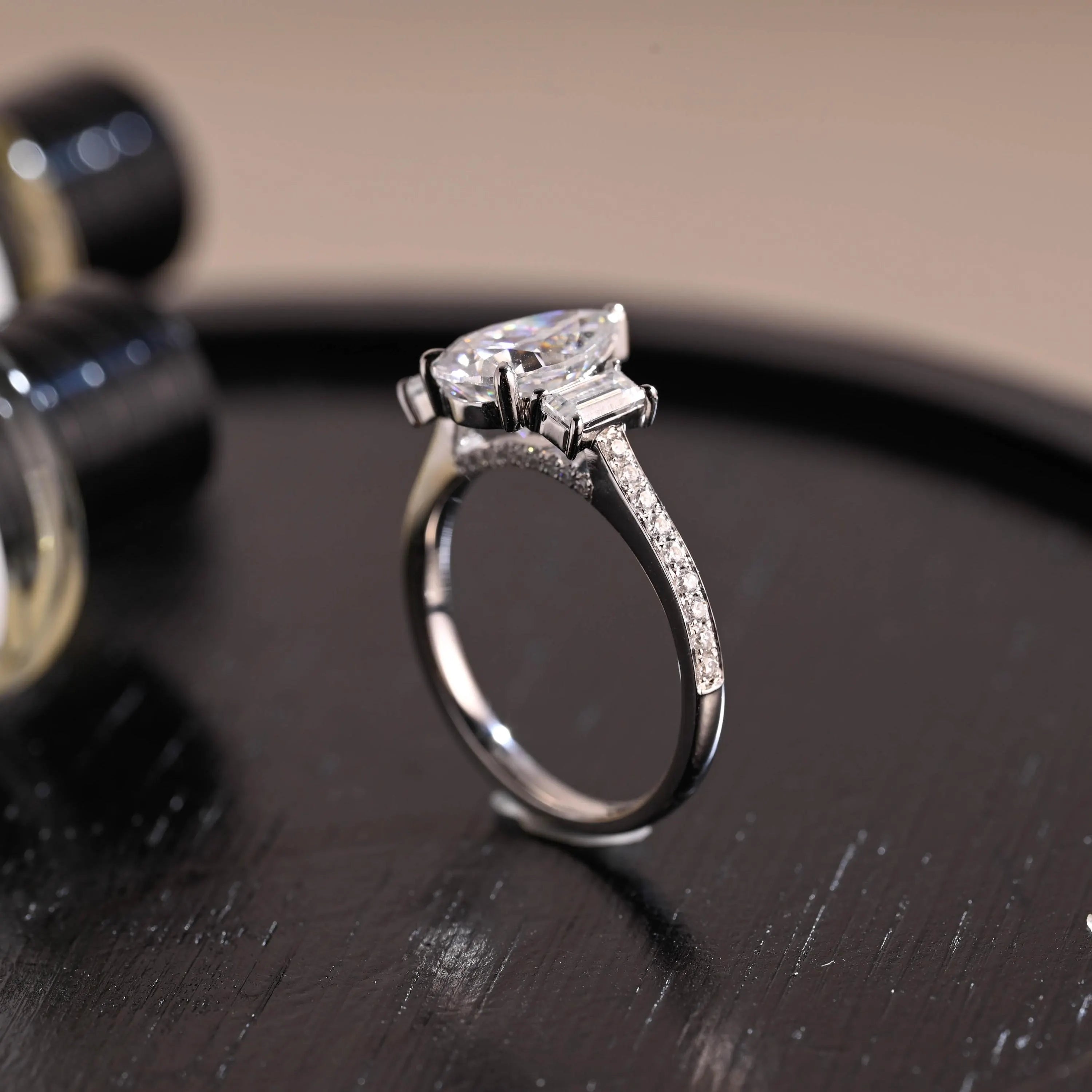 Three Stone Pear Cut Moissanite Engagement Ring, Bridge Setting Solid Gold Pave Moissanite Wedding Ring