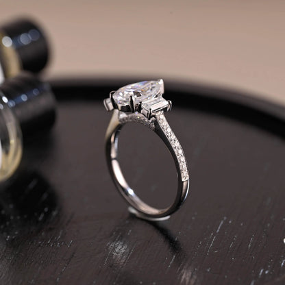 Three Stone Pear Cut Moissanite Engagement Ring, Bridge Setting Solid Gold Pave Moissanite Wedding Ring