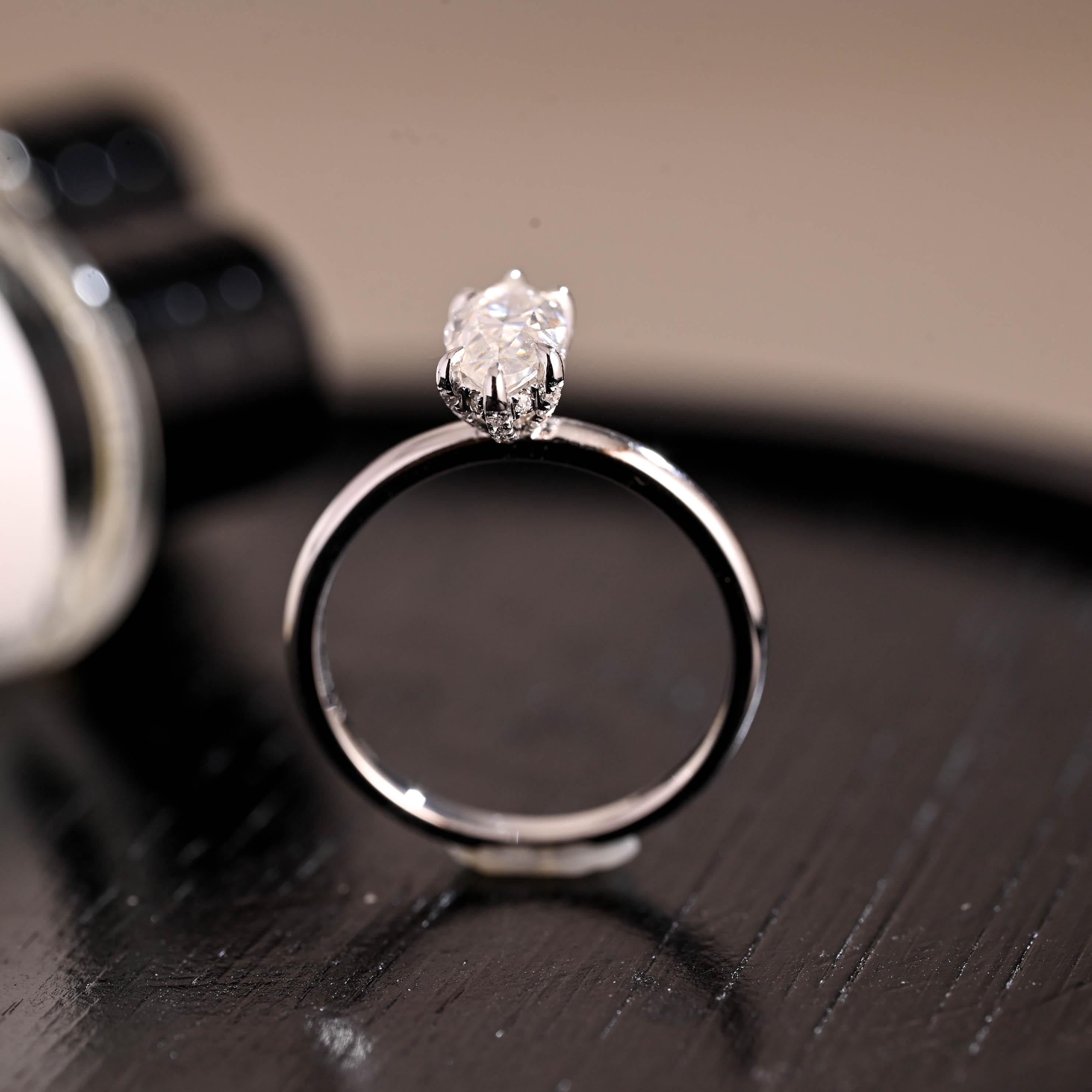Solid Gold Marquise Cut Moissanite Engagement Ring, Pave Prong Setting