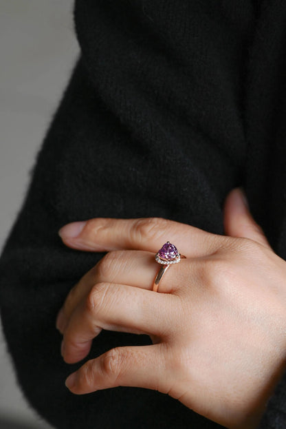 Heart Cut Pink Moissanite Engagement Ring, Unique Halo Heart Cut Wedding Ring