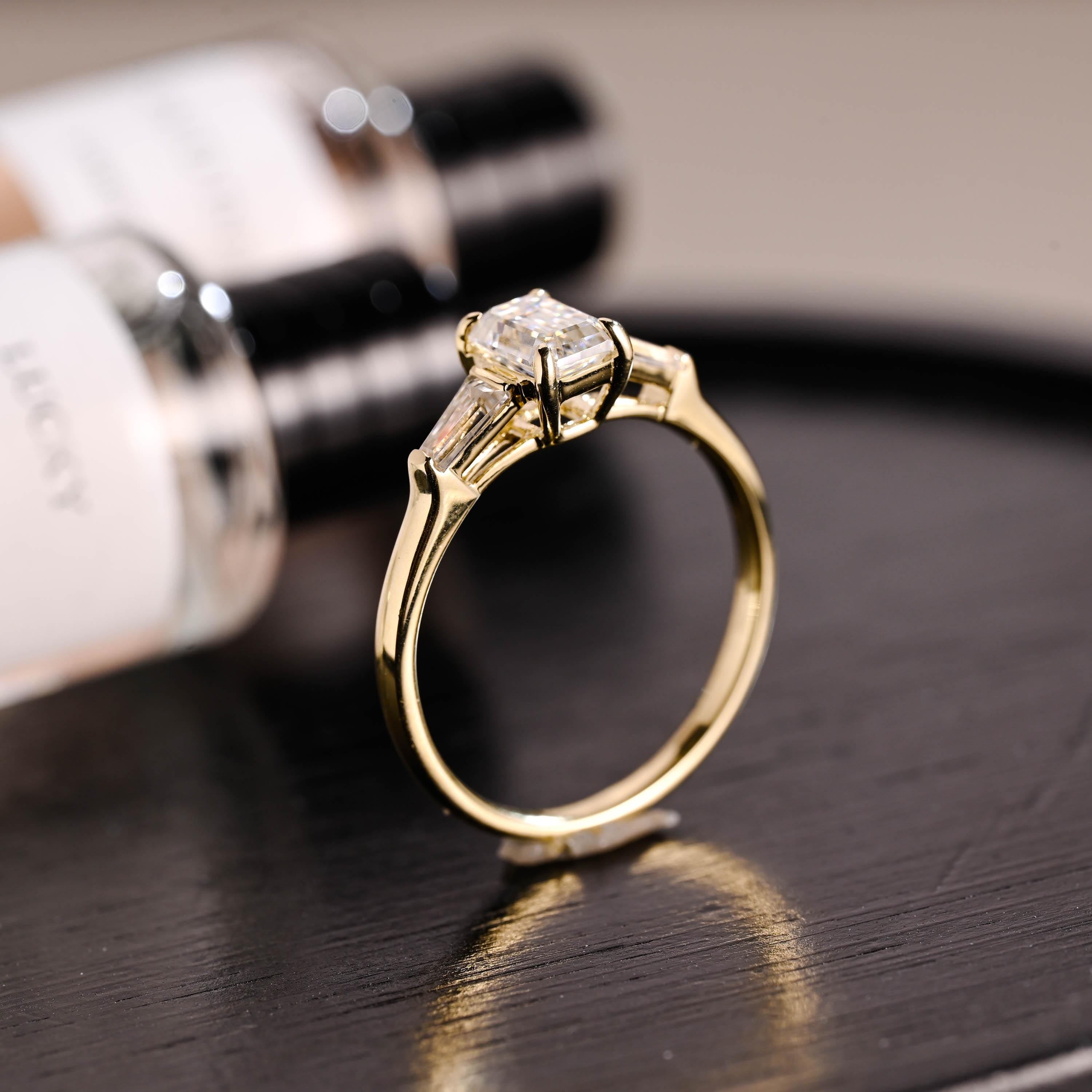 Solid Gold Three Stone Emerald Cut Moissanite Engagement Ring, Trapezoid Accents Emerald Cut Wedding Ring, Anniversary Ring, Moissanite Ring