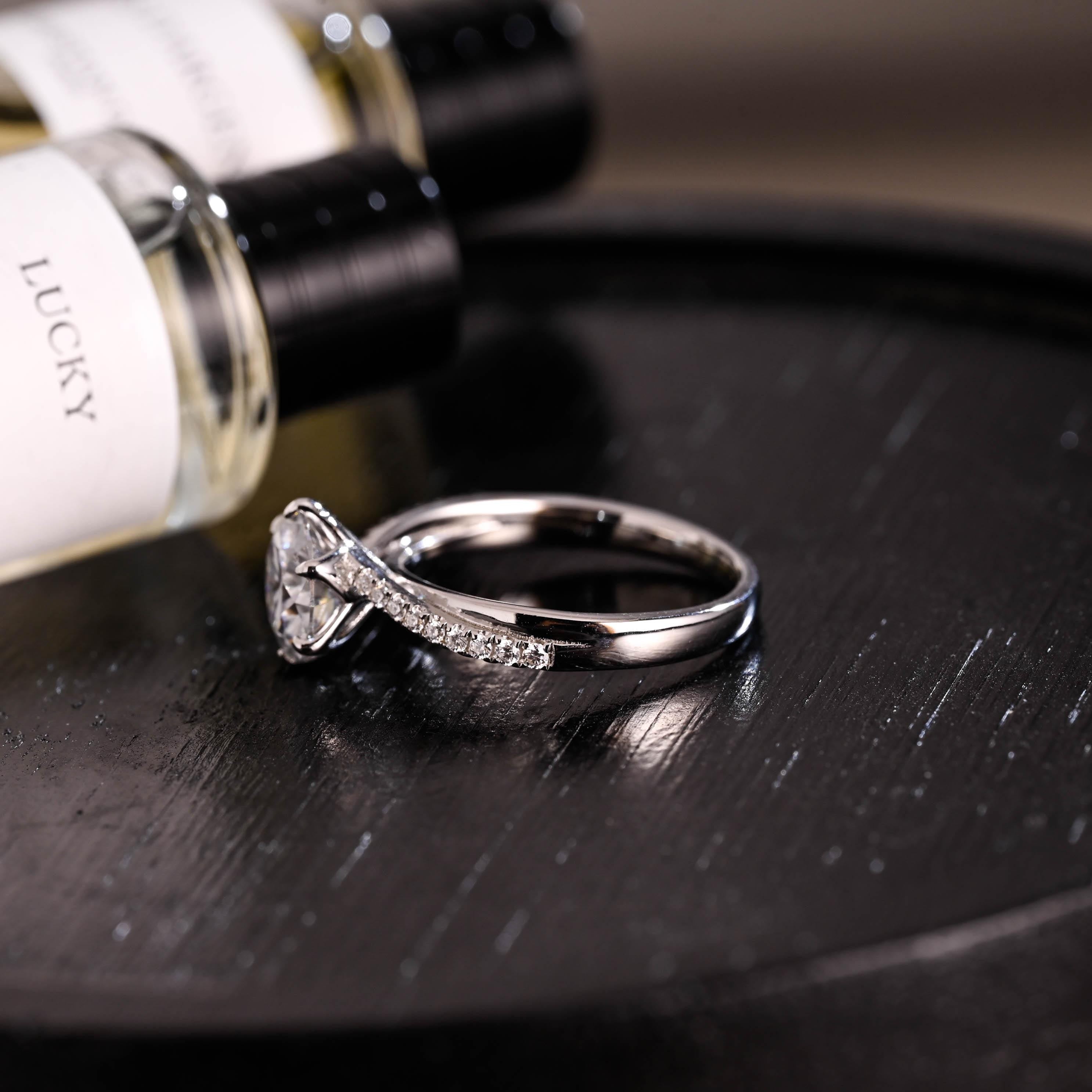 Tulip Set Solid Gold Round Cut Moissanite Engagement Ring, Proposal Ring, Anniversary Gift for Women Wife