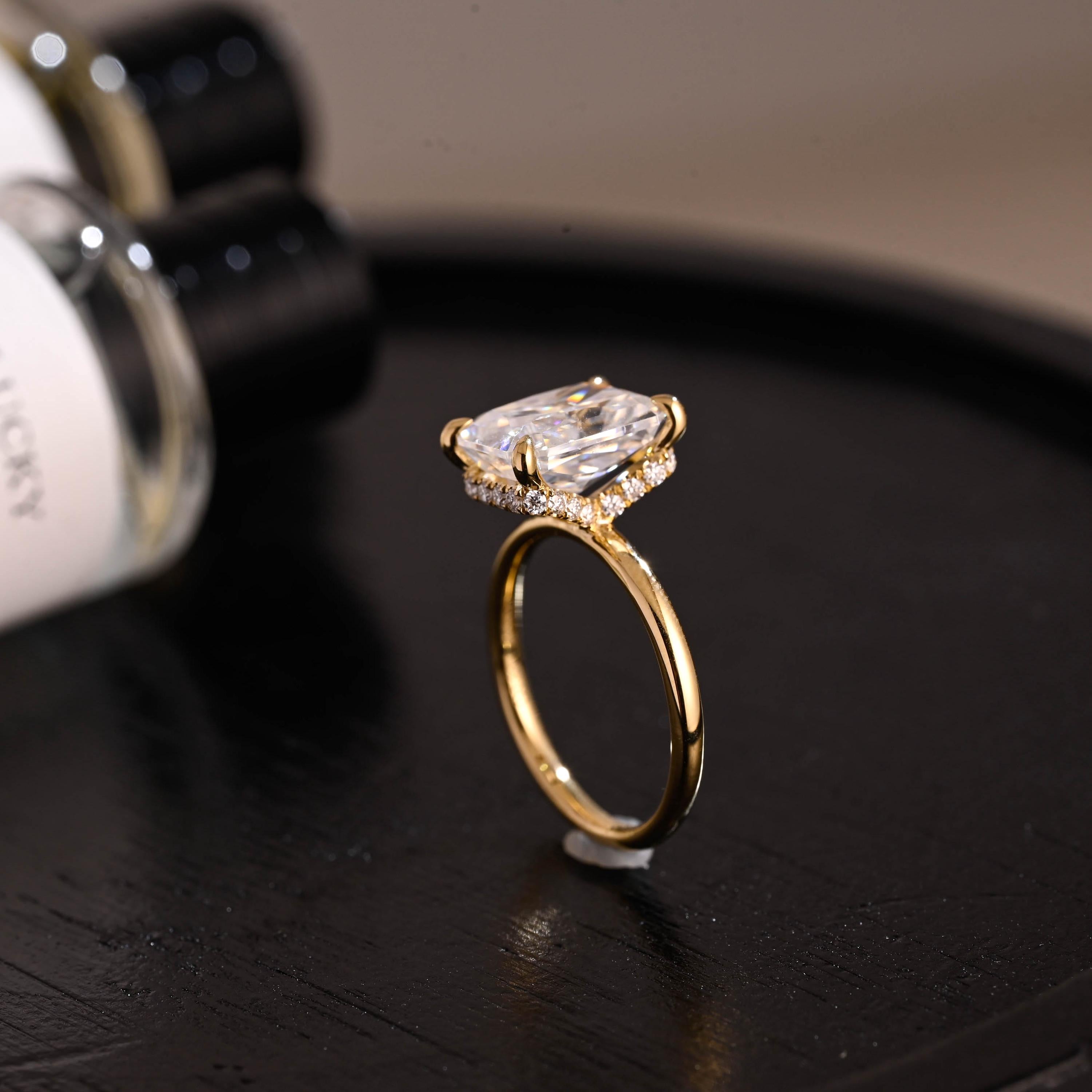 Solid Gold Crushed Ice Cut Ascot Hidden Halo Radiant Cut Moissanite Engagement Ring