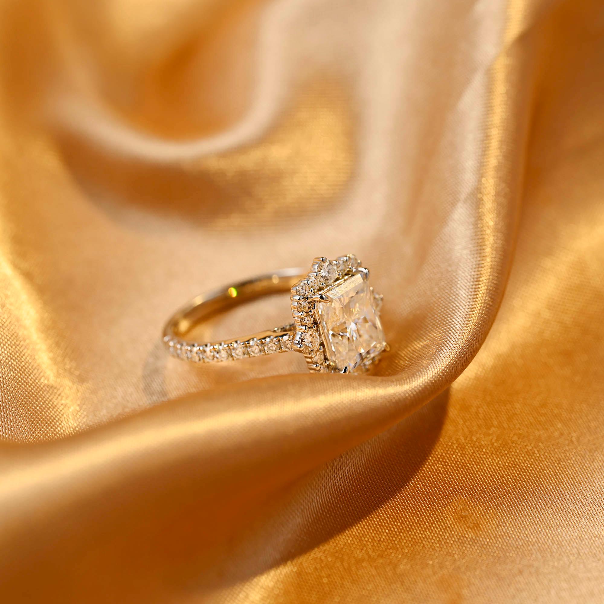 Solid Gold Radiant Cut Moissanite Engagement Ring, Halo Pave Vintage Style, Cathedral Setting