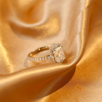 Solid Gold Radiant Cut Moissanite Engagement Ring, Halo Pave Vintage Style, Cathedral Setting