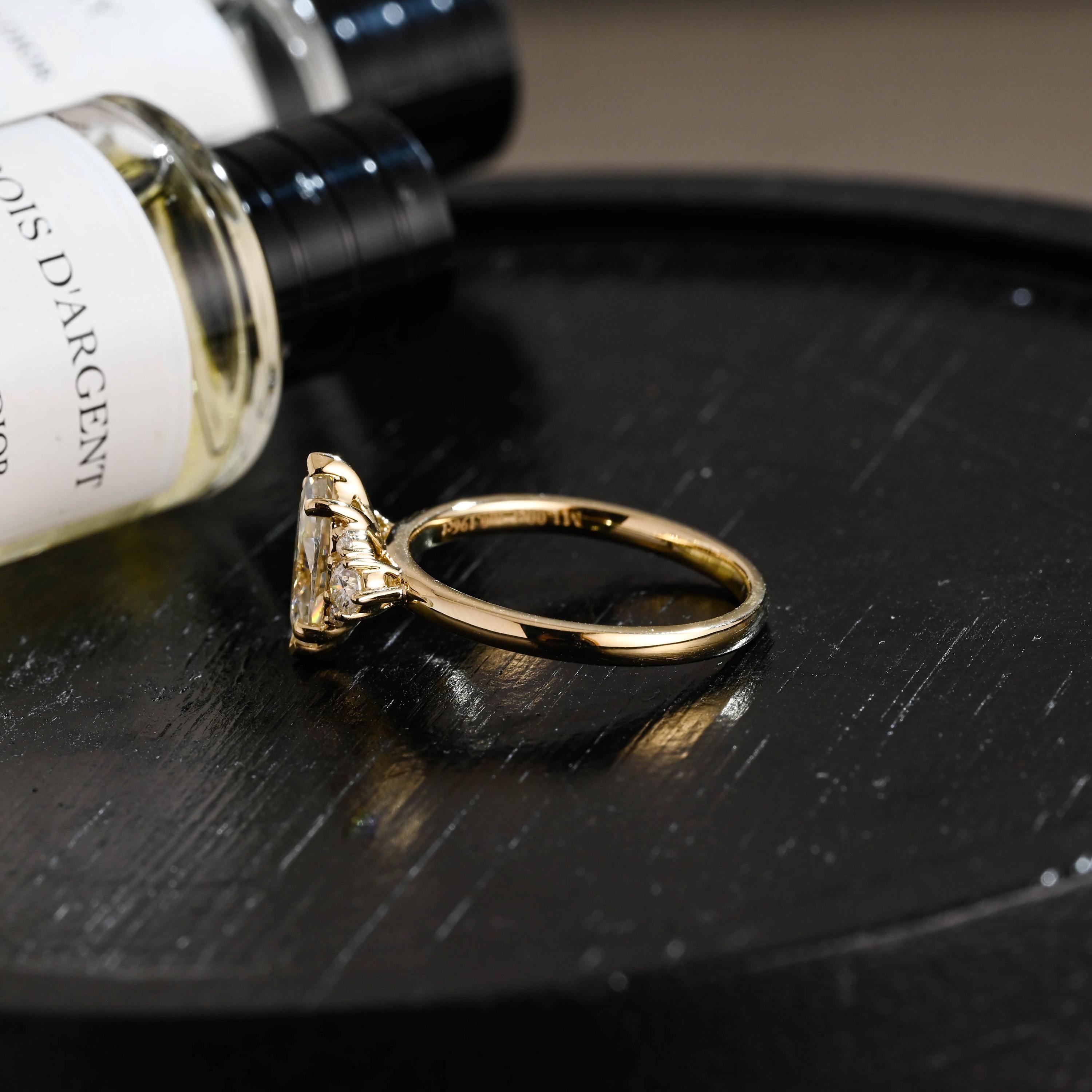 Solid Gold Marquise Moissanite Engagement Ring, Side Cluster Ring, Anniversary Gift