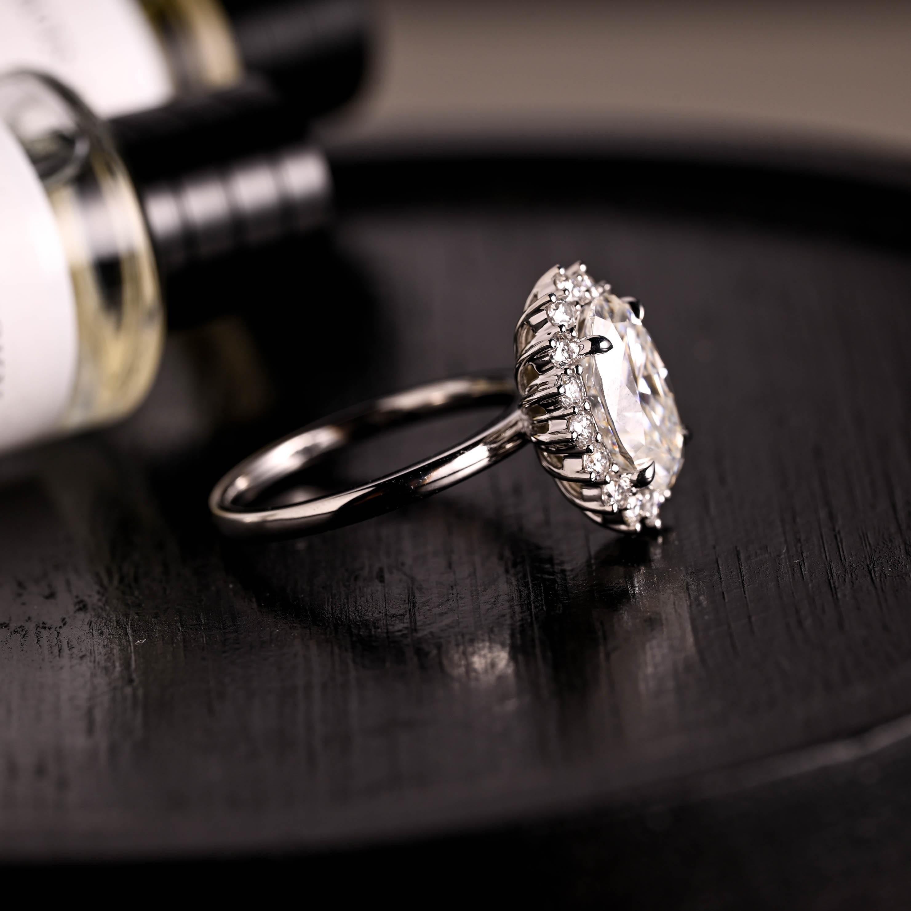 Solid Gold Starburst Oval Cut Moissanite Engagement Ring, Halo Wedding Ring