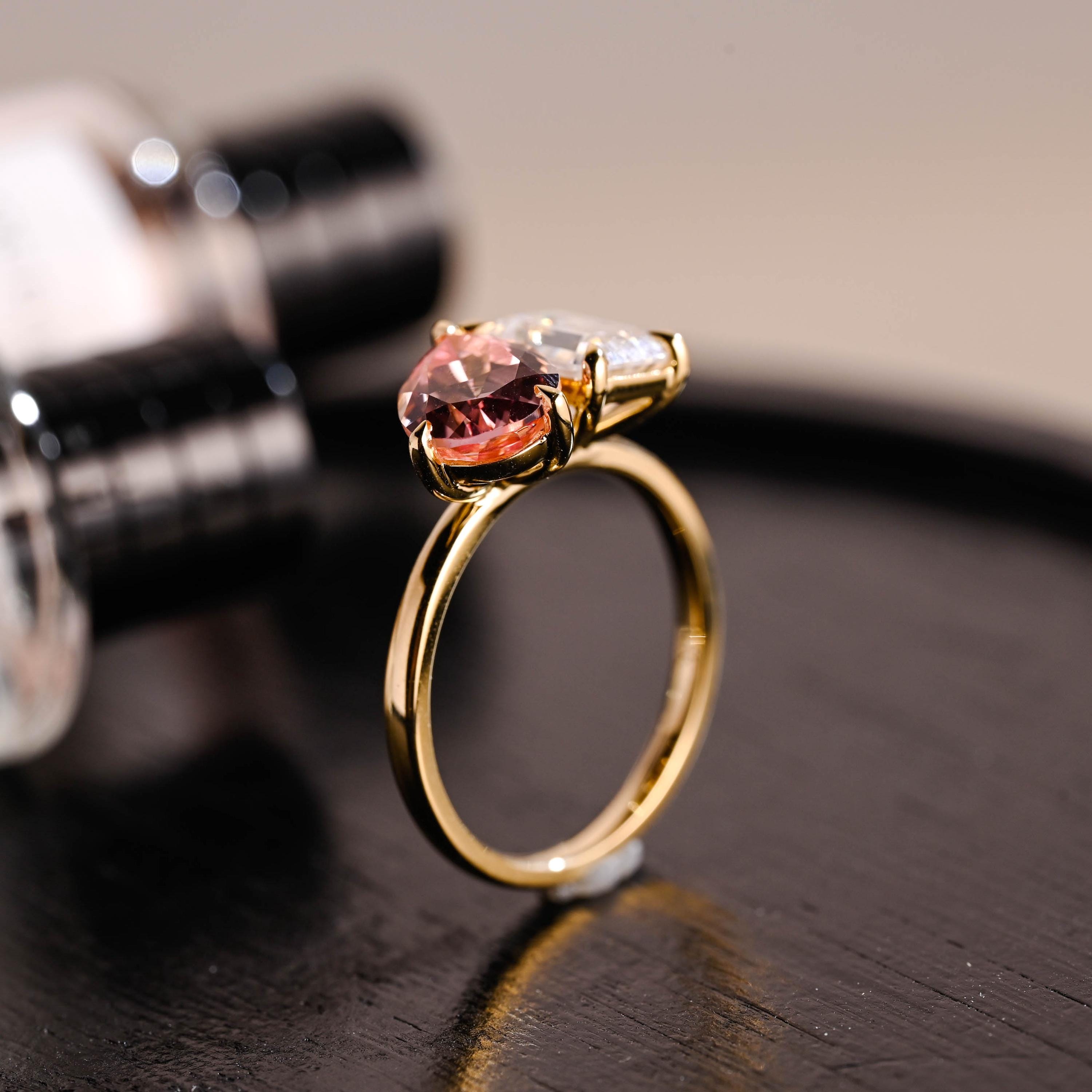 Solid Gold Pear Cut Lab Grown Pink Sapphire Toi et Moi Ring, Memorial Two Stone Engagement Ring