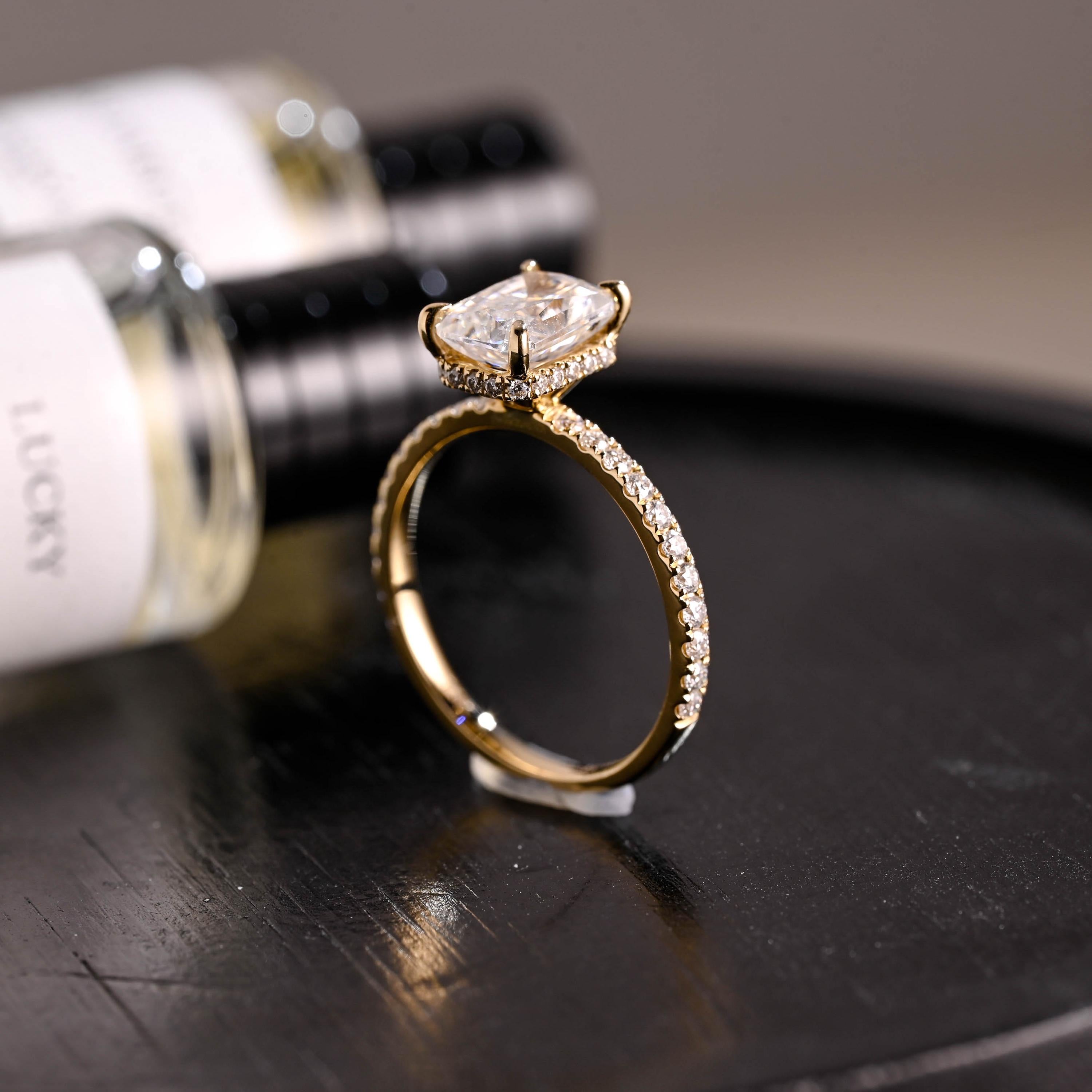 Solid Gold Half Eternity Radiant Cut Moissanite Engagement Ring, Anniversary Gift for Women Wife
