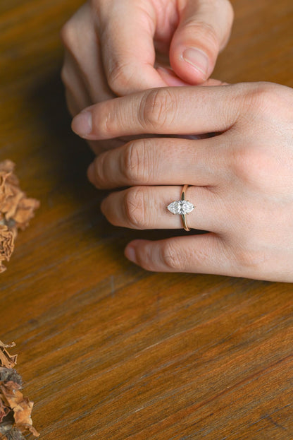 Solid Gold Marquise Cut Moissanite Engagement Ring, Anniversary Ring