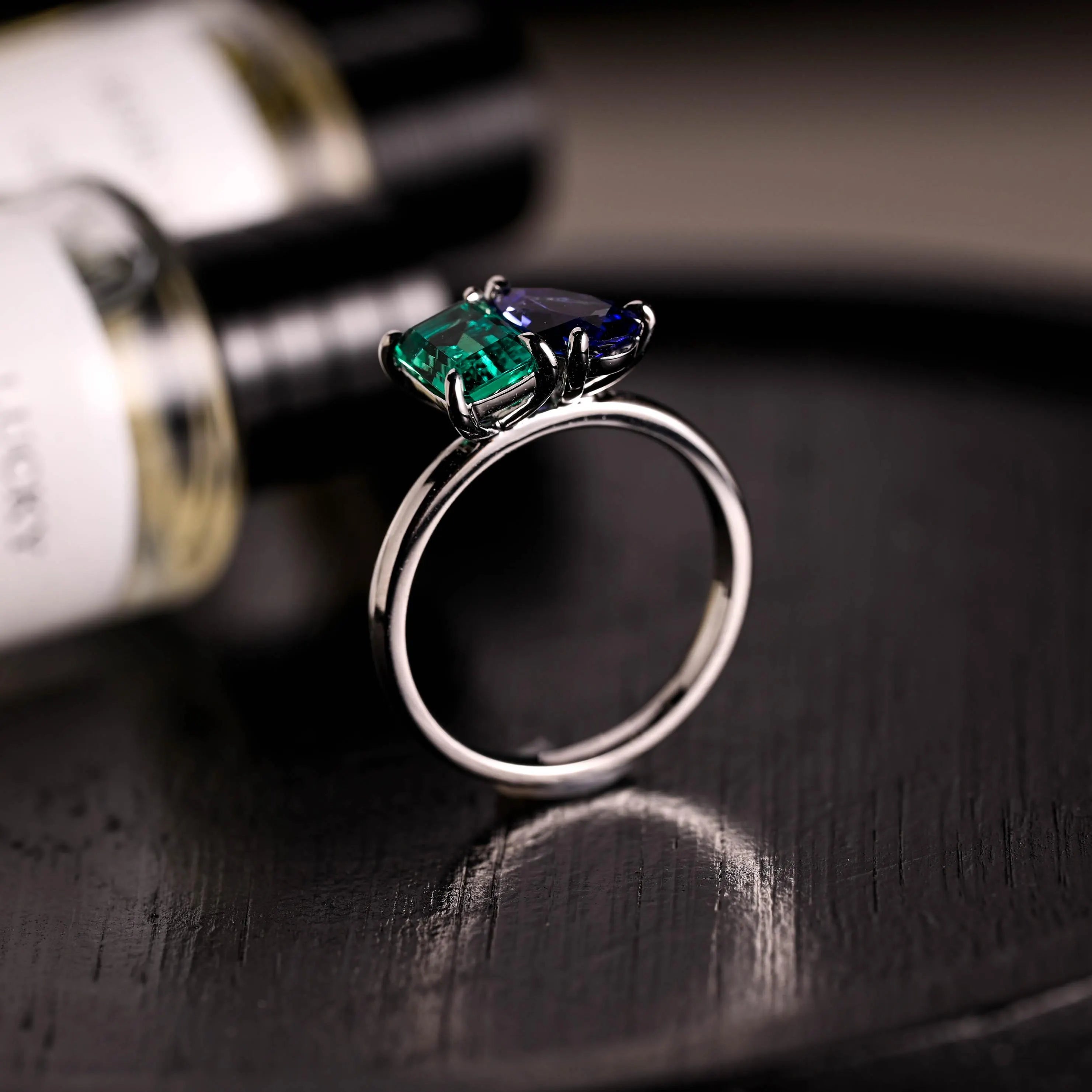 Lab Grown Sapphire Toi et Moi Wedding Ring, Solid Gold Emerald Gemstone Birthstone Memorial Ring