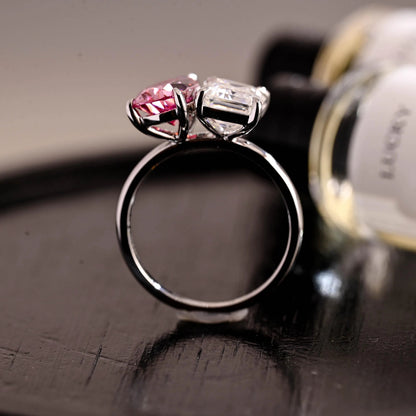 Moi et Toi Pink Moissanite Engagement Ring, Pear Cut Solid Gold Wedding Ring Birthstone Anniversary Ring