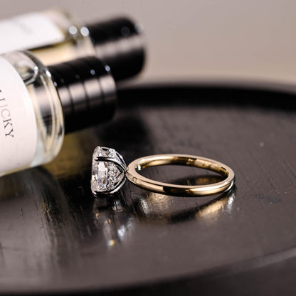 Solid Gold Two Tone Oval Cut Moissanite Engagement Ring, Hidden Halo Wedding Ring