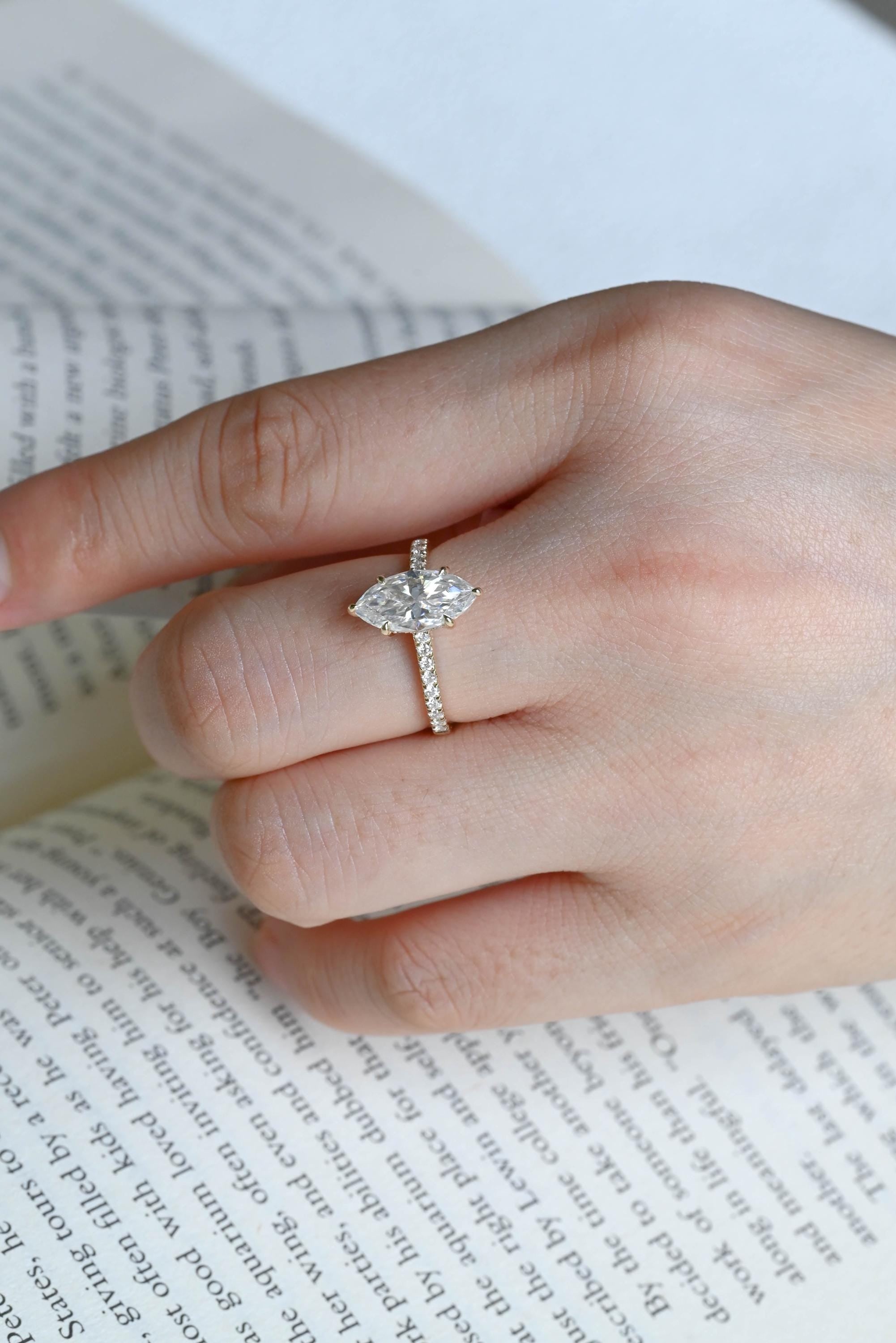 Solid Gold Marquise Cut Moissanite Engagement Ring, Pave Hidden Halo Wedding Ring